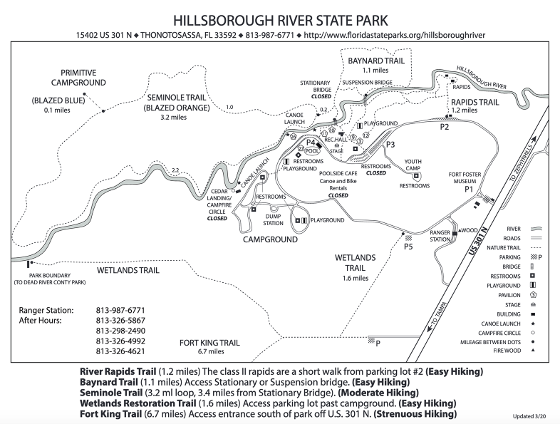 map, trails, river, campgrounds in Hillsborough River State Park, Florida