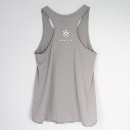 Back of Take a break. Go outside. Have fun. racerback tank top, grey, Happier Place logo compass without a needle