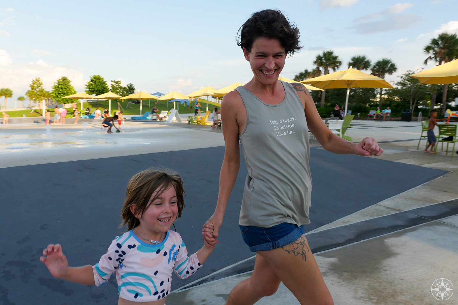 Mother and daughter laughing, running, St Pete Pier water park, Take a Break. Go outside. Have fun. first Happier Place Tank Top, cotton, racerback, titanium grey