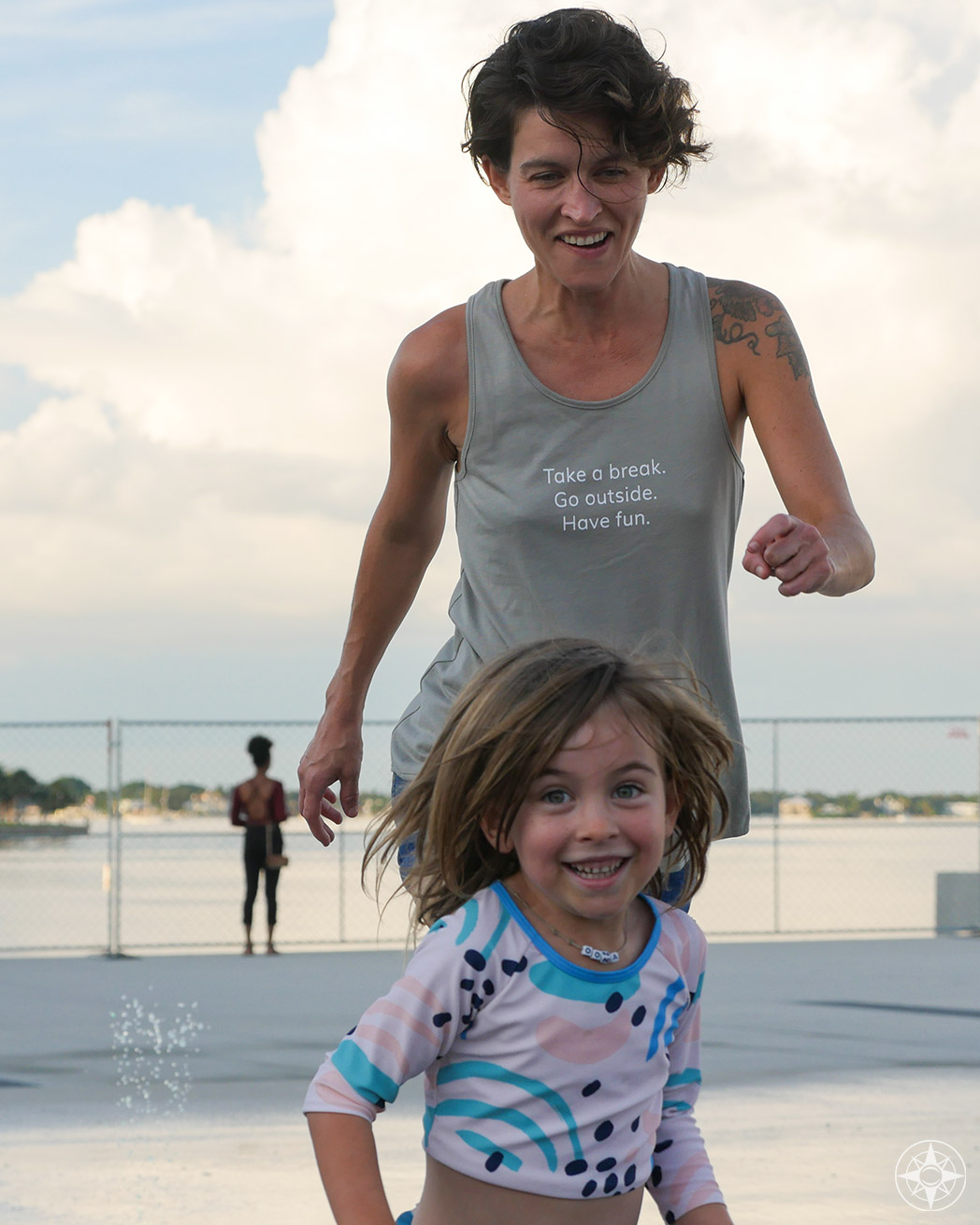 Woman running with daughter having fun, St Pete Pier, Florida, Take a Break. Go outside. Have fun. first Happier Place Tank Top