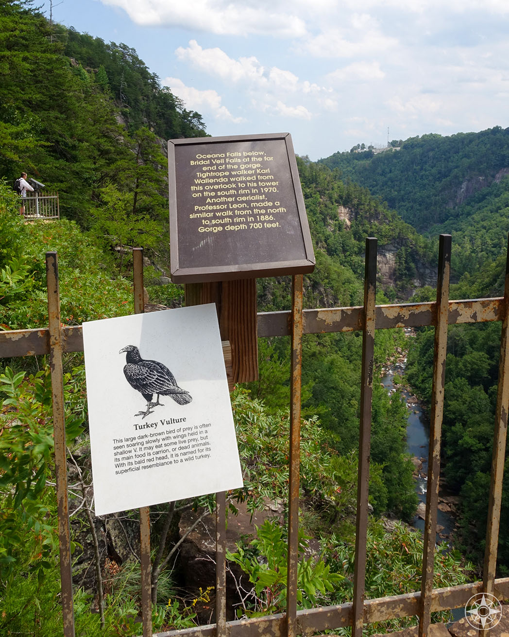 Informational signs can be found along the overlooks of the North Rim Trail, vulture, tightrope walker, waterfalls, Oceana Falls, Bridal Falls, Tallulah Falls 