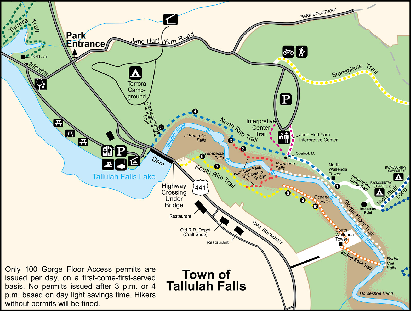 Tallulah Falls and Gorge State Park map with overlooks and trails, Georgia