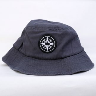 Grey chino twill bucket hat, Happier Place logo, white compass on black, woven patch