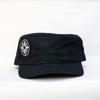 Happier Place Cadet Cap, black, army hat, compass logo, patch, organic cotton