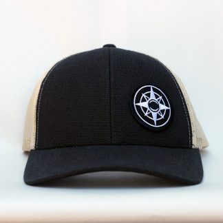 Sustainable Hemp Trucker Hat, black and beige, Happier Place compass logo, cotton, recycled polyester