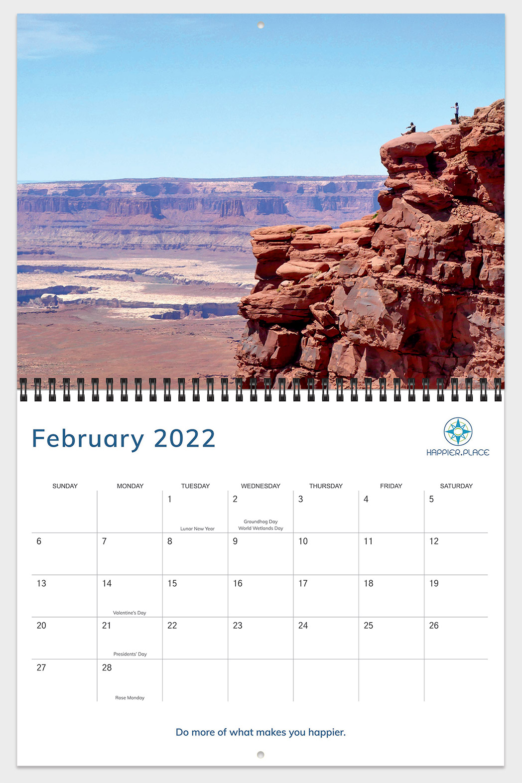 February 2022 Happier Place Calendar, Canyonlands National Park, Utah, men on cliff pointing