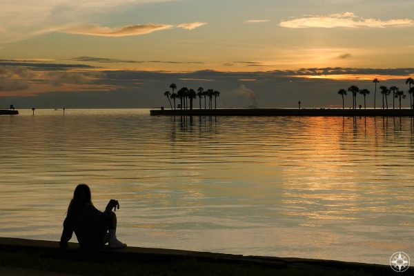 silhouetted woman watching sunrise at tropical marina, st petersburg, florida