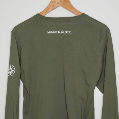 back of Happier Place long sleeve shirt in city green
