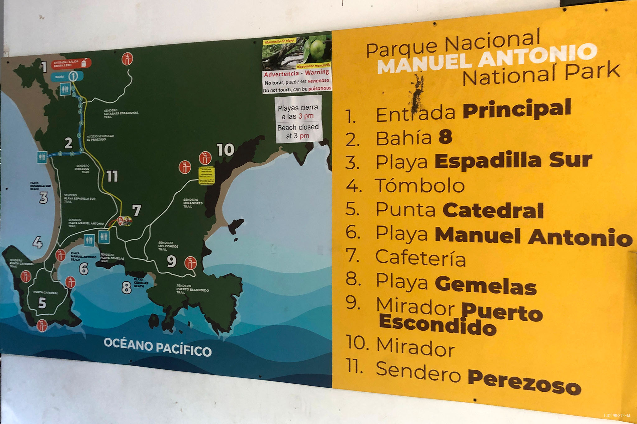 Map of trails, beaches, sights in Manuel Antonio National Park, Costa Rica 