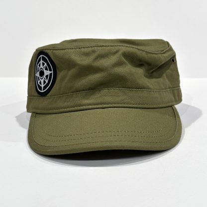 cadet cap, army cap, olive, green, Happier Place compass logo, organic cotton