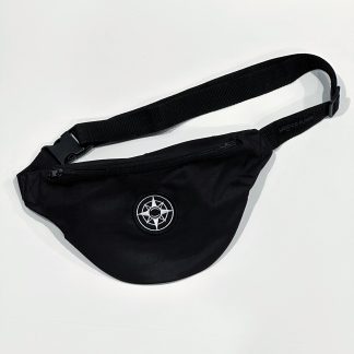 Happier Fanny Pack, black, white Happier Place compass logo, belt bag, bum bag, weather-resistant
