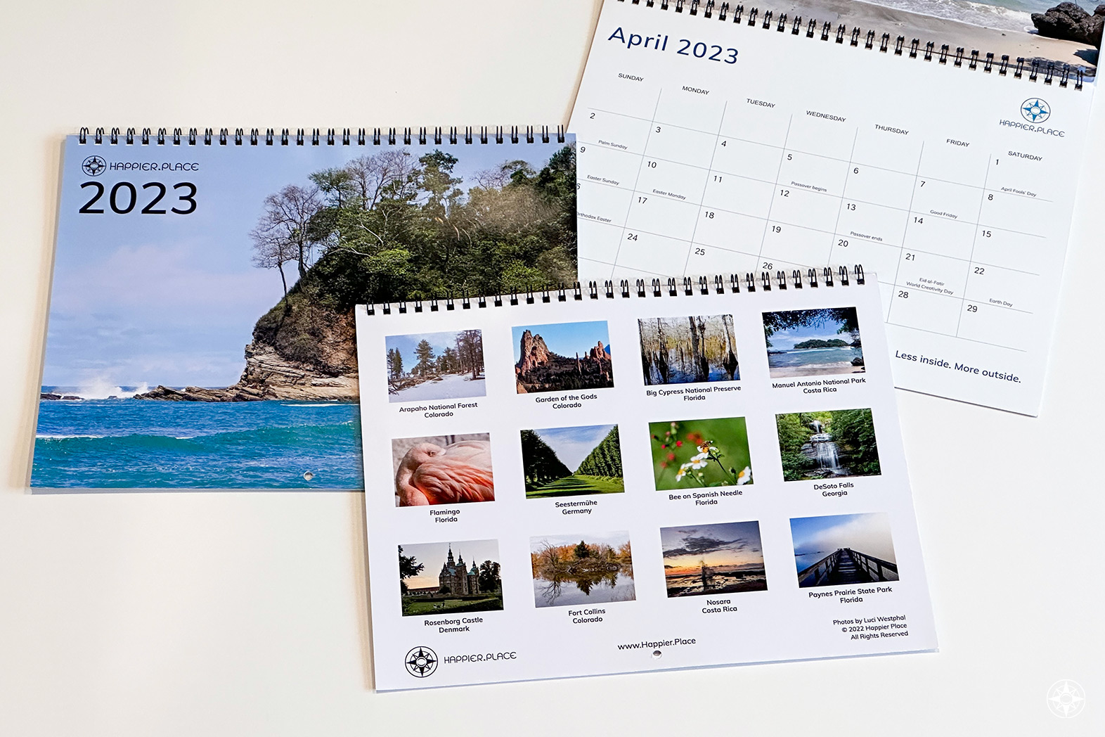 2023 Happier Place calendar front, back, inside pages, grid, monthly calendar, nature photography, photos by Luci Westphal